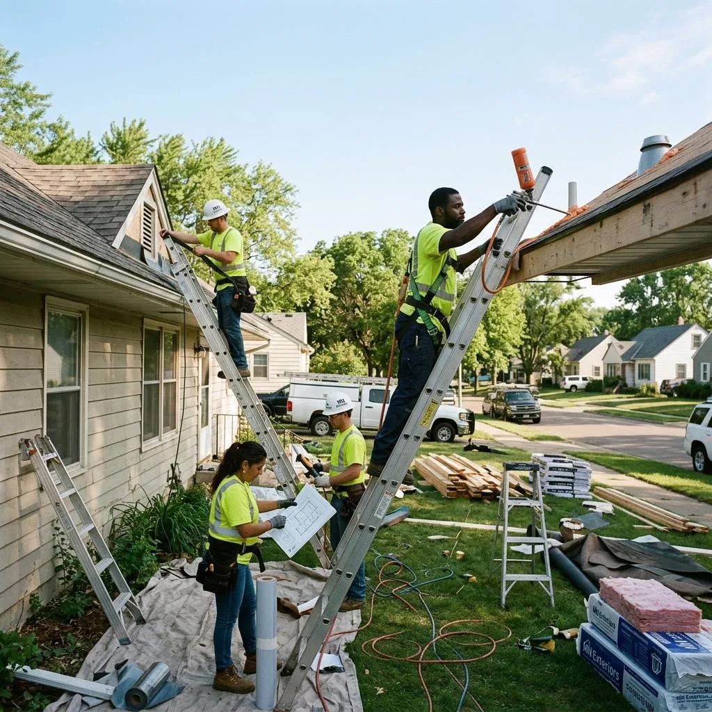 Professional exterior crew actively working on why air sealing comes before attic insulation at a Minnesota home
