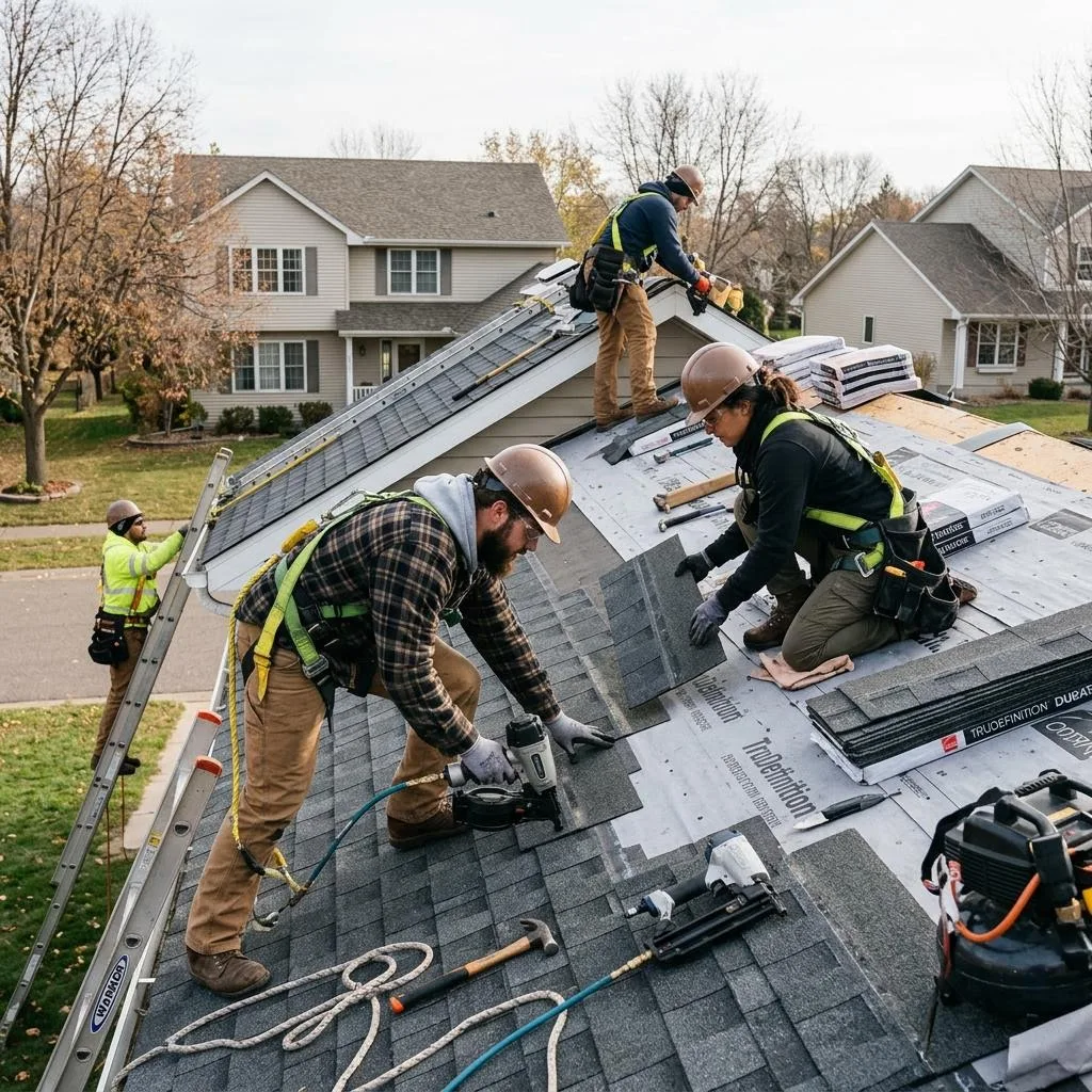 Professional exterior crew actively working on choosing asphalt shingles for a minnesota home at a Minnesota home