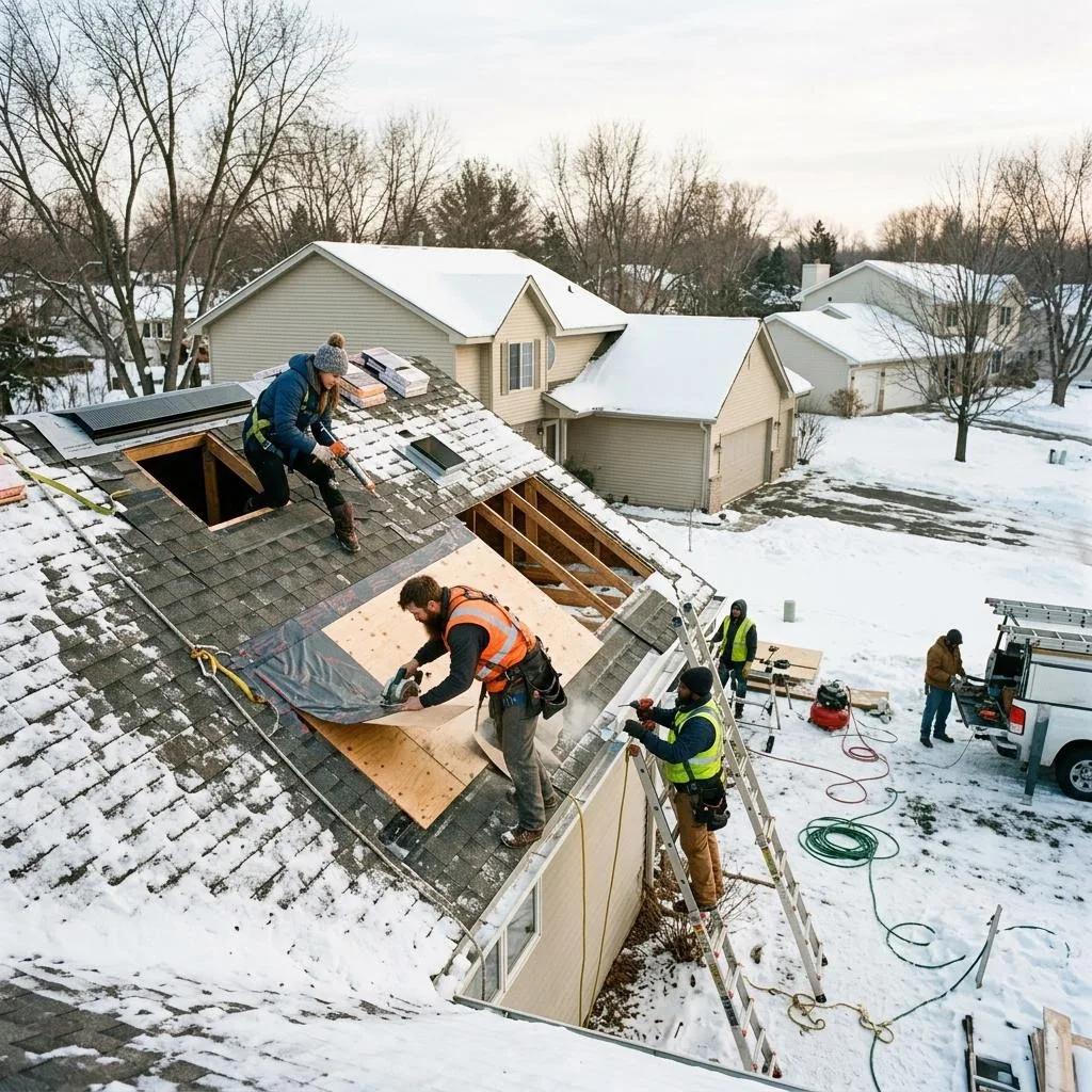 Professional exterior crew actively working on attic frost and moisture in minnesota homes at a Minnesota home
