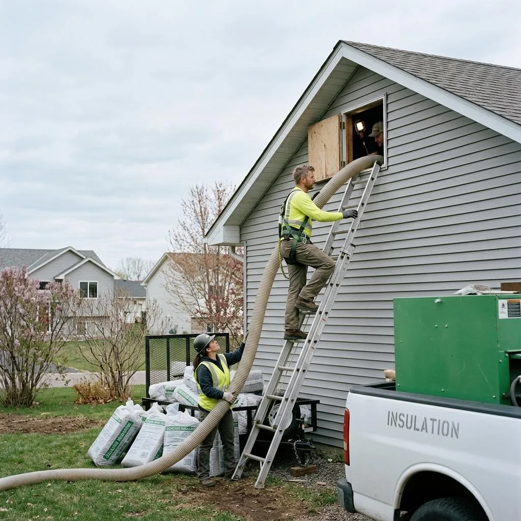 Professional exterior crew actively working on attic insulation for minnesota homes at a Minnesota home
