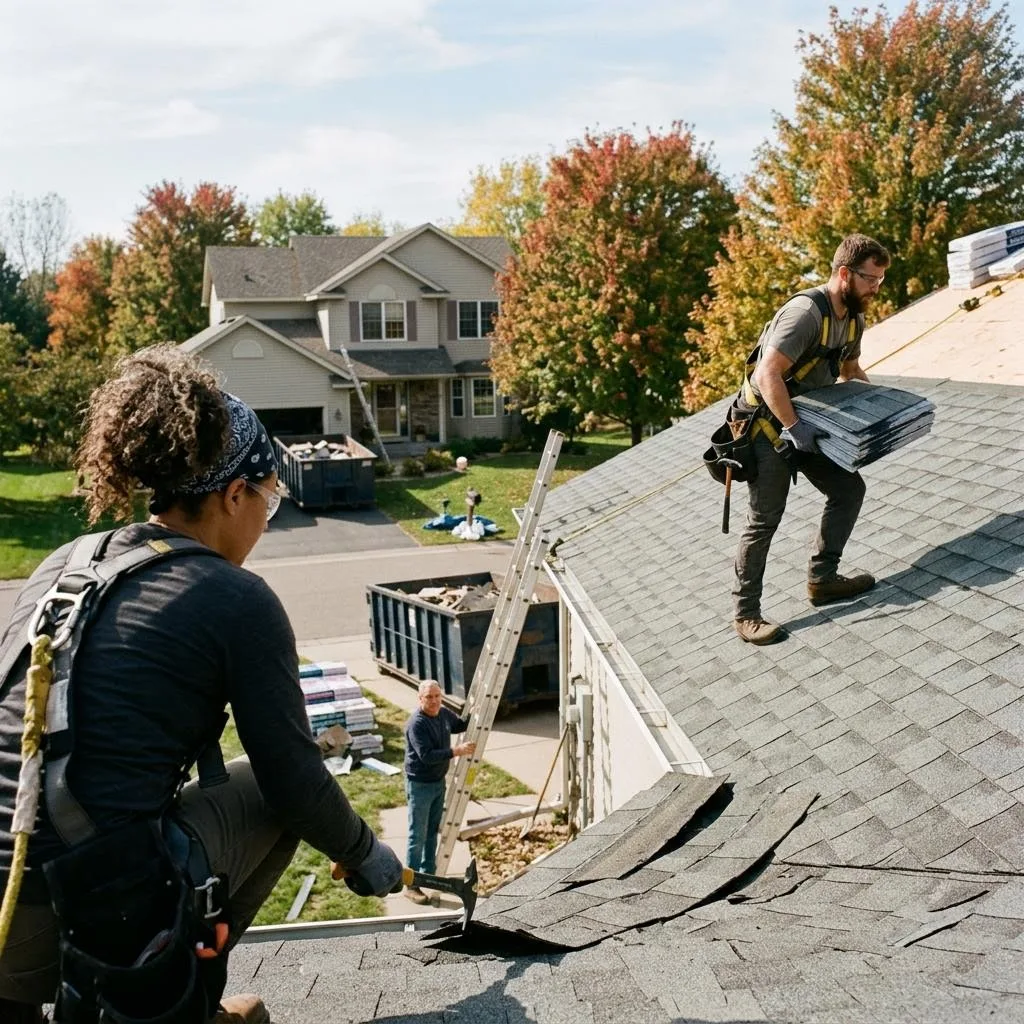 Professional exterior crew actively working on when to schedule roof replacement in minnesota at a Minnesota home