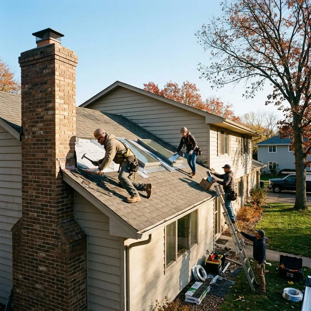 Professional exterior crew actively working on leaks near chimneys and skylights at a Minnesota home