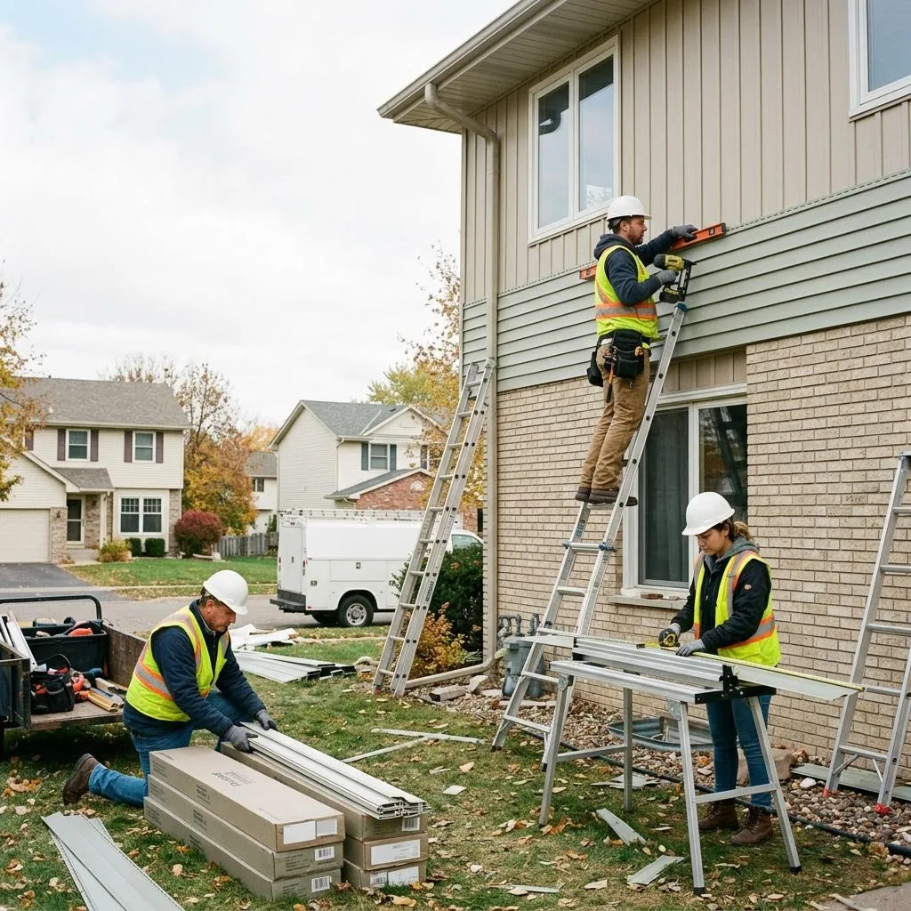 Professional exterior crew actively working on choosing a siding color and profile at a Minnesota home