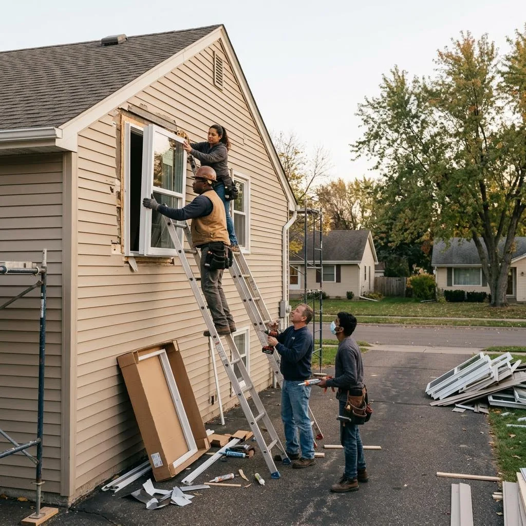 Professional exterior crew actively working on choosing window styles for your home at a Minnesota home