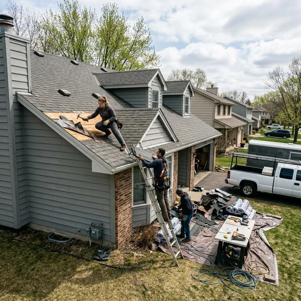 Professional exterior crew actively working on common roof leak sources in minnesota homes at a Minnesota home
