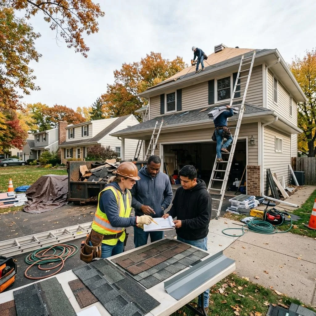 Professional exterior crew actively working on how to compare roof replacement proposals at a Minnesota home