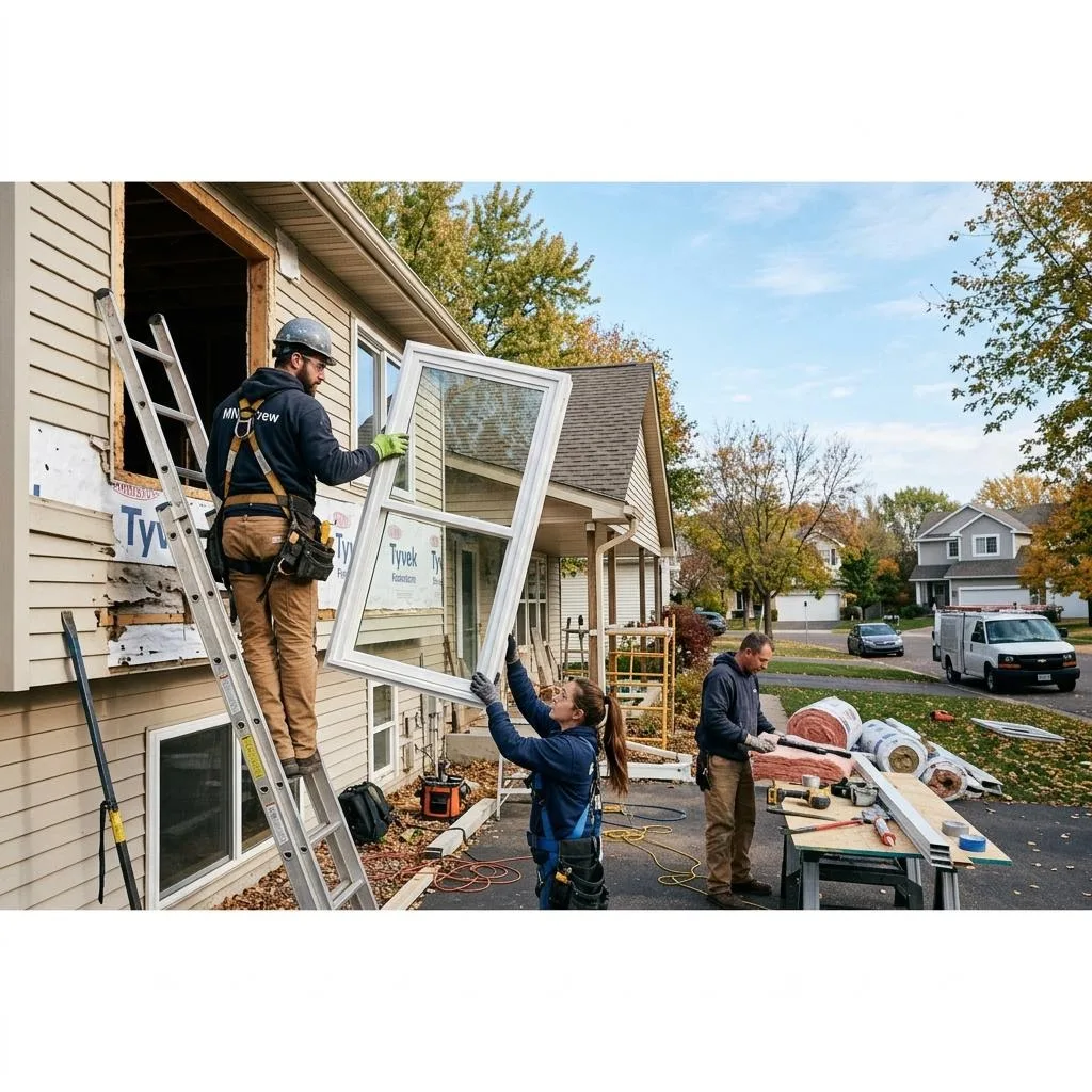 Professional exterior crew actively working on why windows feel drafty in minnesota at a Minnesota home