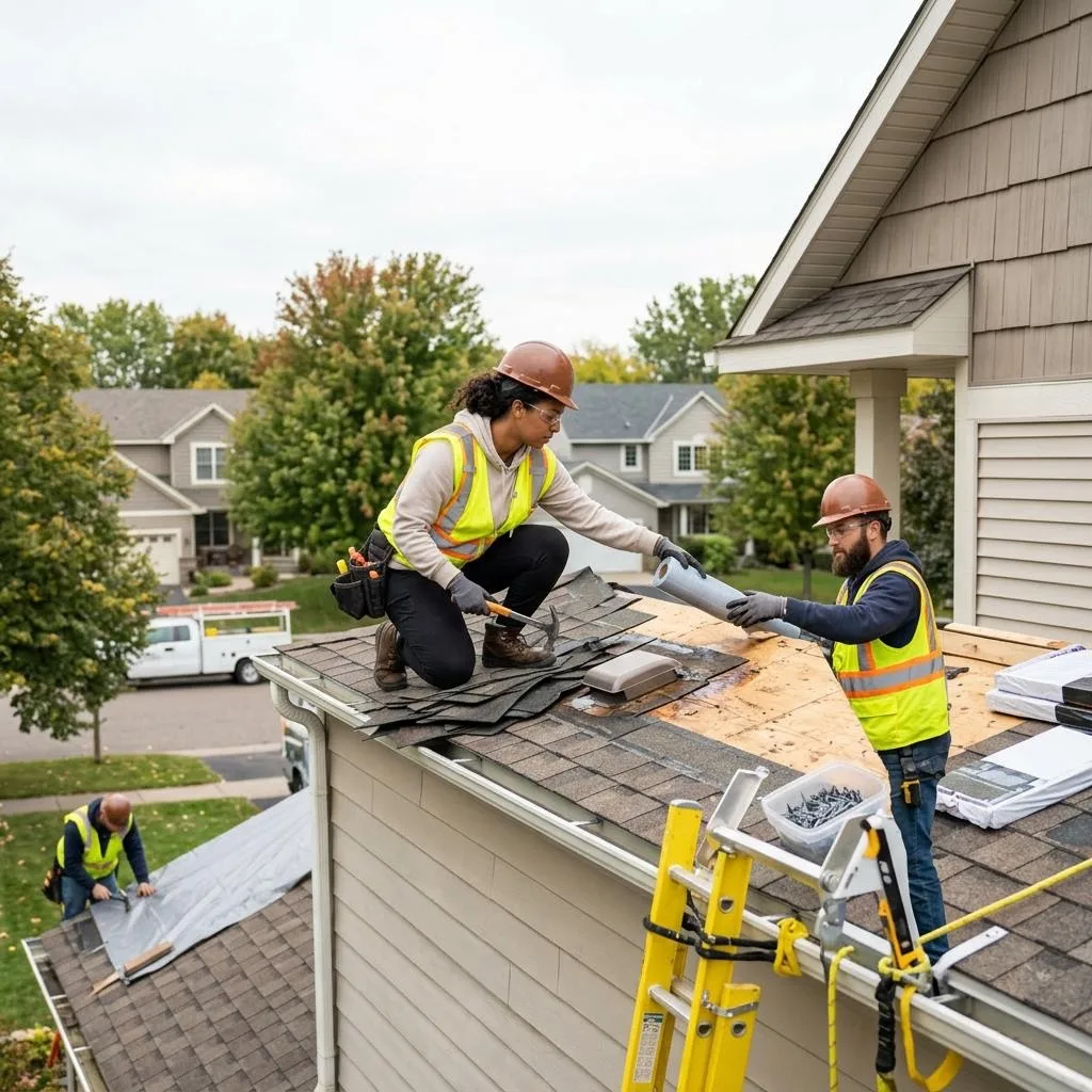 Professional exterior crew actively working on what to do when your roof starts leaking at a Minnesota home