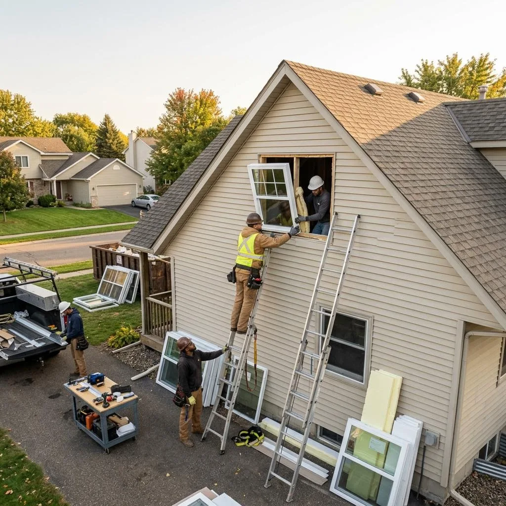 Professional exterior crew actively working on energy-efficient window features explained at a Minnesota home
