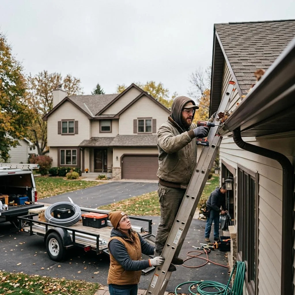 Professional exterior crew actively working on fall gutter planning before freeze-up at a Minnesota home