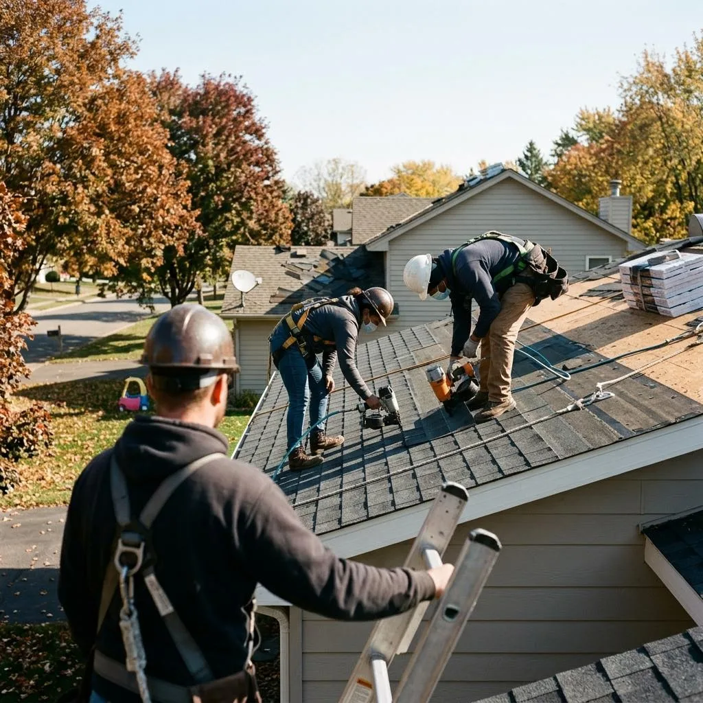 Professional exterior crew actively working on fall roof maintenance before minnesota winter at a Minnesota home