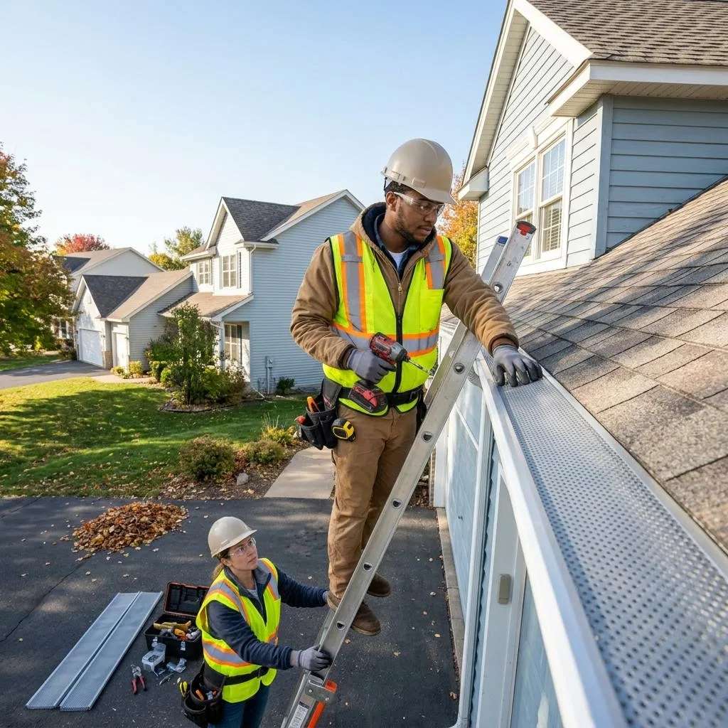 Professional exterior crew actively working on are gutter guards useful in minnesota? at a Minnesota home
