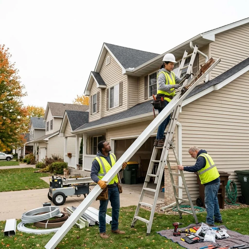 Professional exterior crew actively working on gutter repair vs. replacement: how to decide at a Minnesota home
