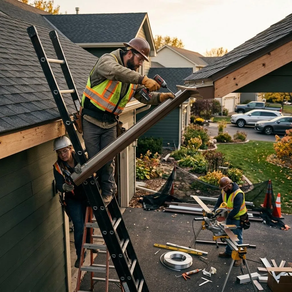 Professional exterior crew actively working on planning gutters for a minnesota home at a Minnesota home
