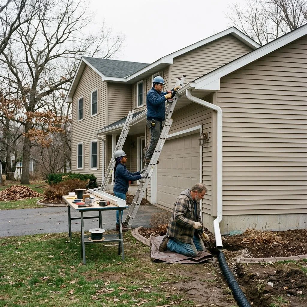 Professional exterior crew actively working on how gutters protect foundations and landscaping at a Minnesota home