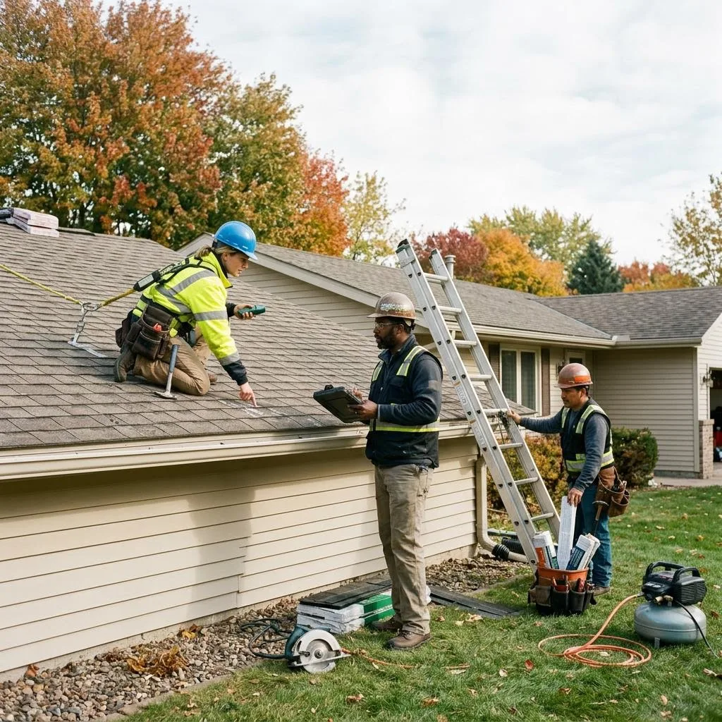 Professional exterior crew actively working on how a hail-damage roof assessment works at a Minnesota home