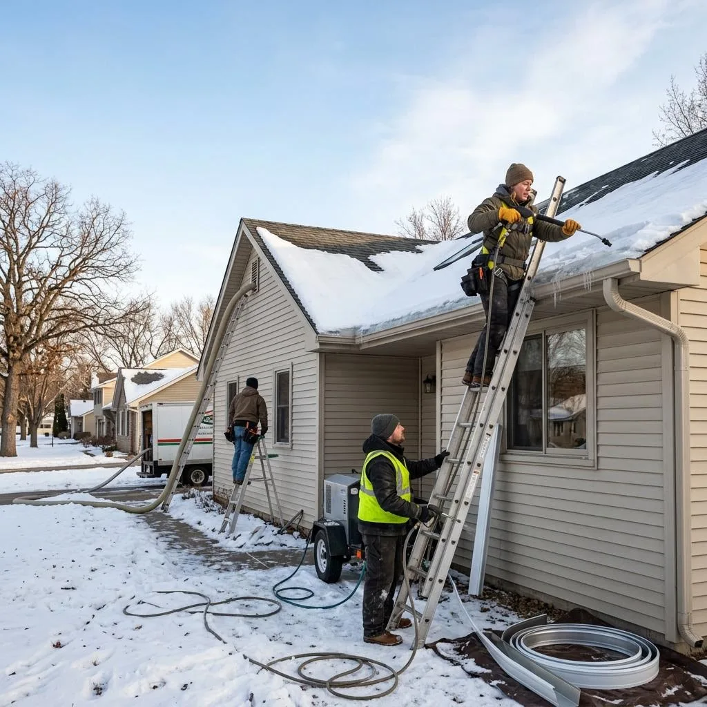 Professional exterior crew actively working on ice dams, gutters, and safe winter response at a Minnesota home