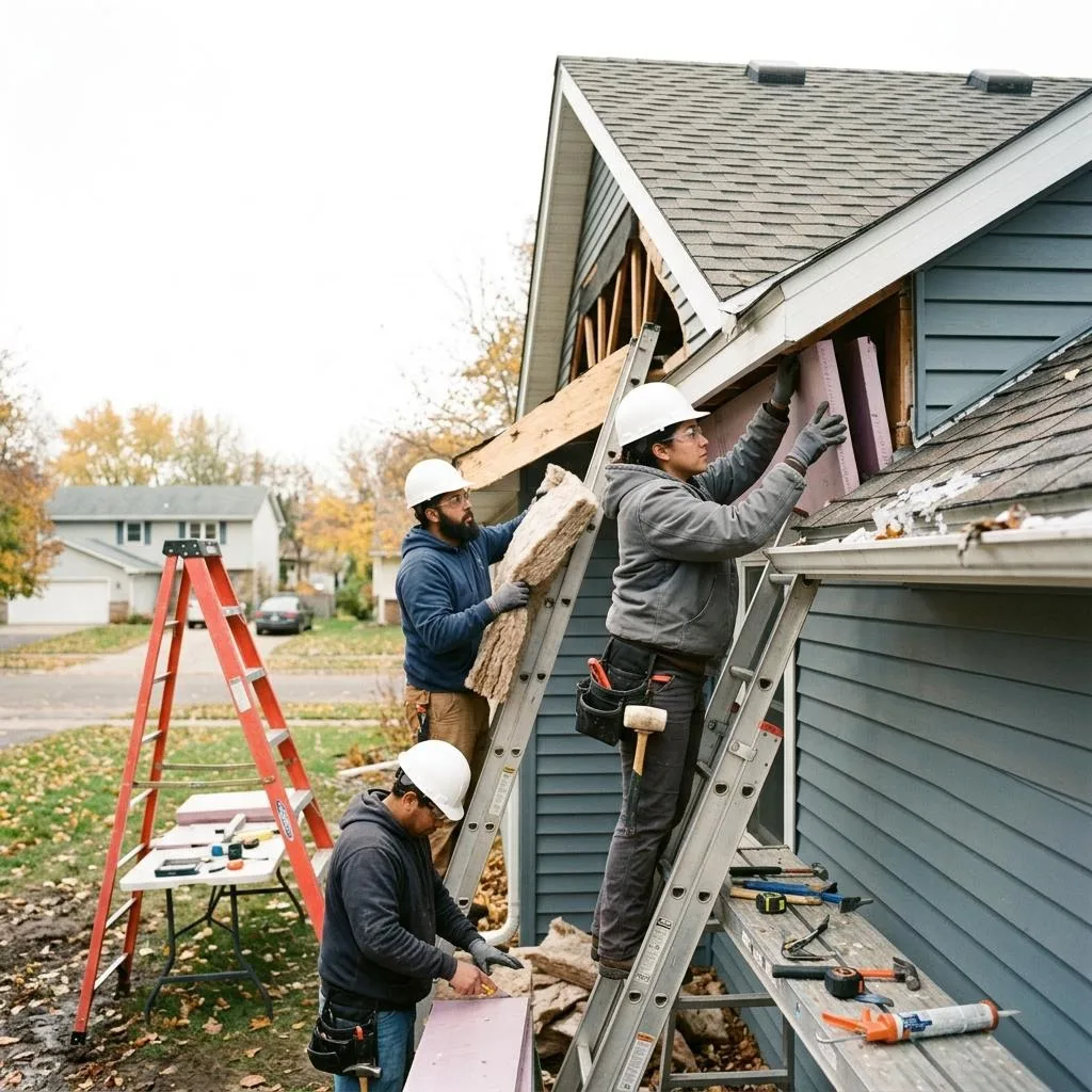 Professional exterior crew actively working on how insulation relates to ice dams at a Minnesota home
