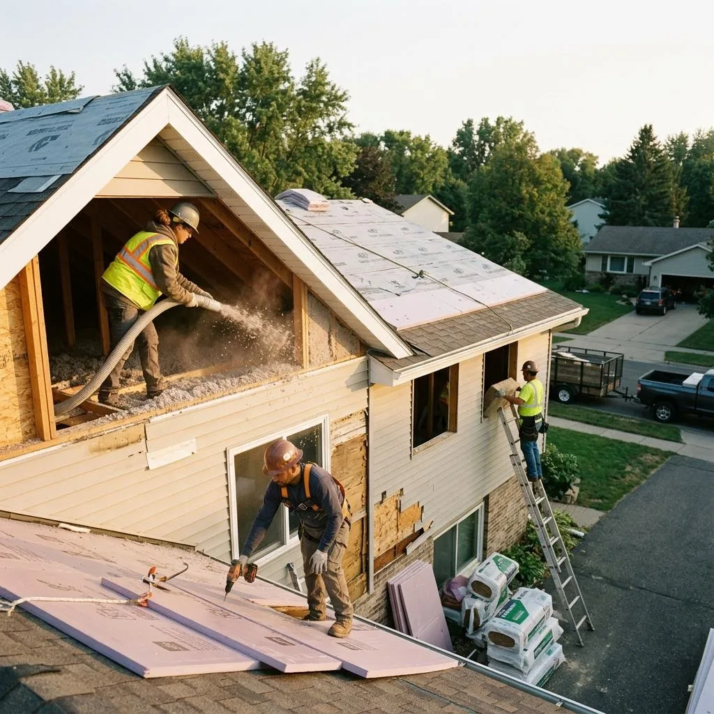 Professional exterior crew actively working on comparing residential insulation materials at a Minnesota home