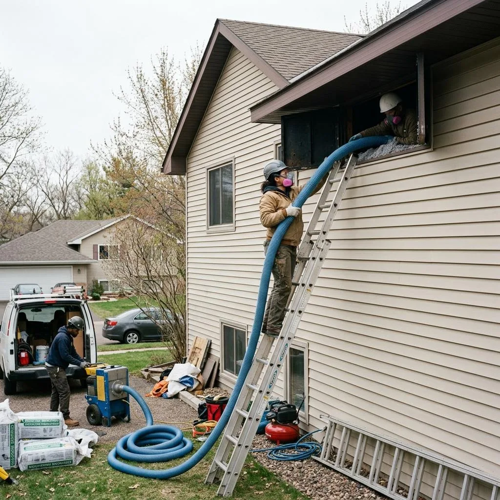 Professional exterior crew actively working on what to expect during an insulation project at a Minnesota home