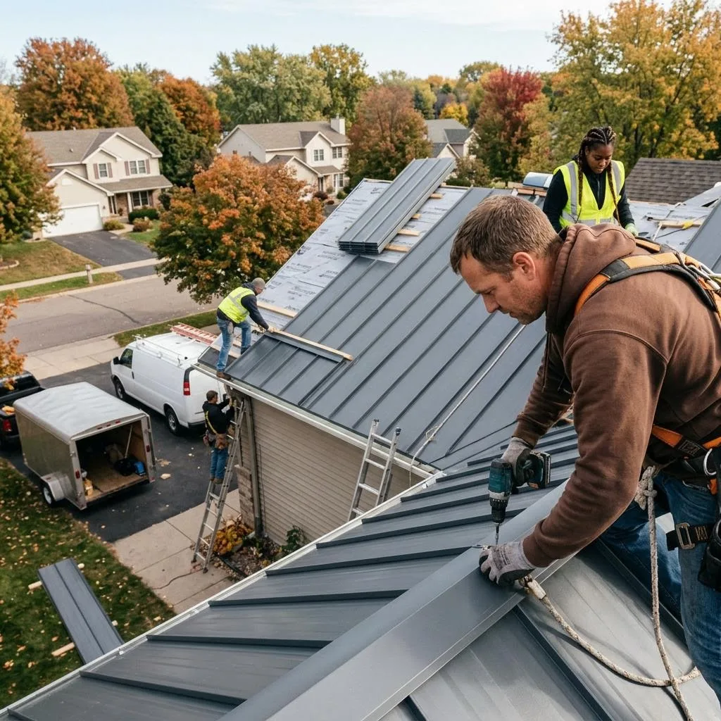 Professional exterior crew actively working on is metal roofing a good fit for minnesota homes? at a Minnesota home
