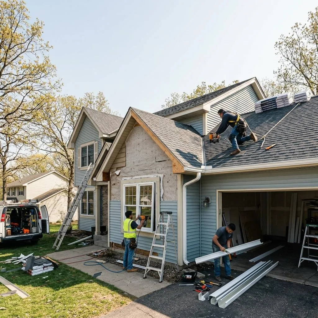 Professional exterior crew actively working on a minnesota homeowner's guide to residential roofing at a Minnesota home
