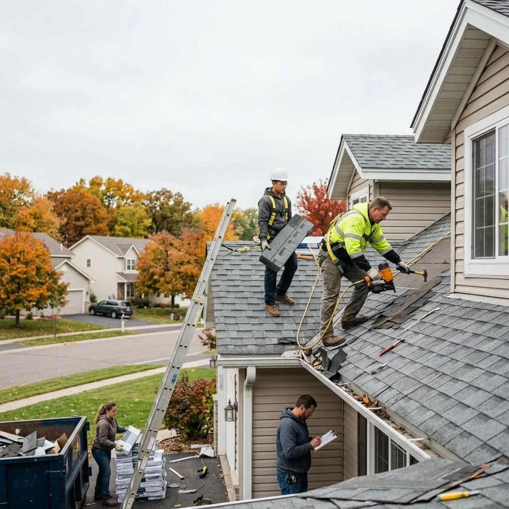 Professional exterior crew actively working on planning roof repairs after minnesota wind at a Minnesota home