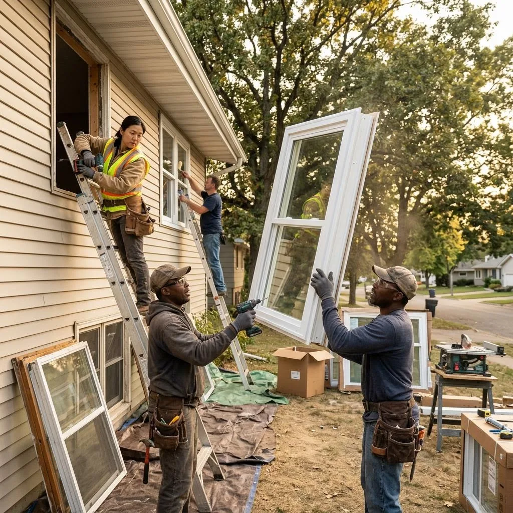 Professional exterior crew actively working on a minnesota guide to replacement windows at a Minnesota home