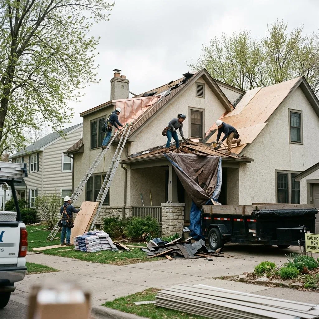 Professional exterior crew actively working on roof deck repairs during replacement at a Minnesota home