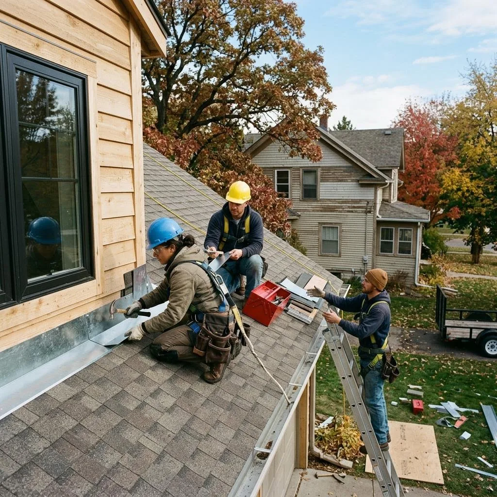 Professional exterior crew actively working on roof flashing explained for homeowners at a Minnesota home