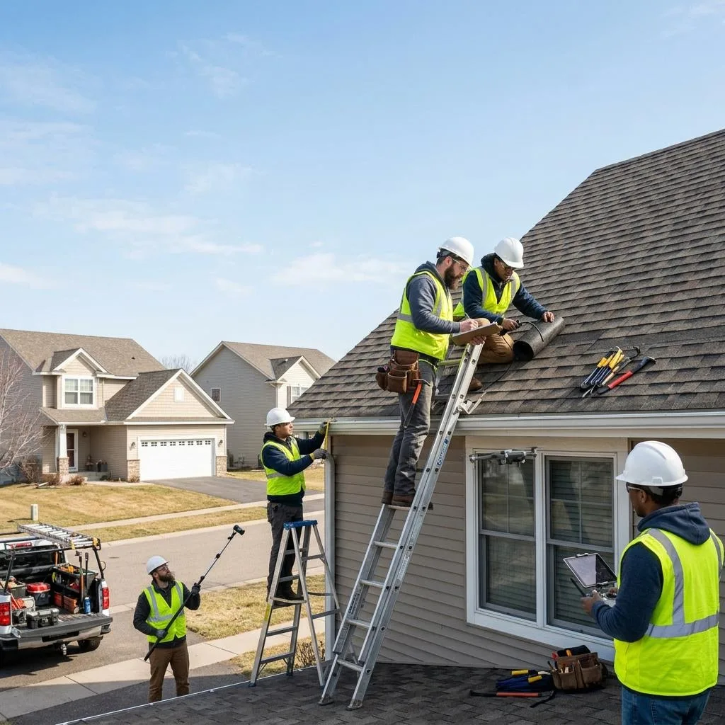 Professional exterior crew actively working on roof inspections after a minnesota winter at a Minnesota home