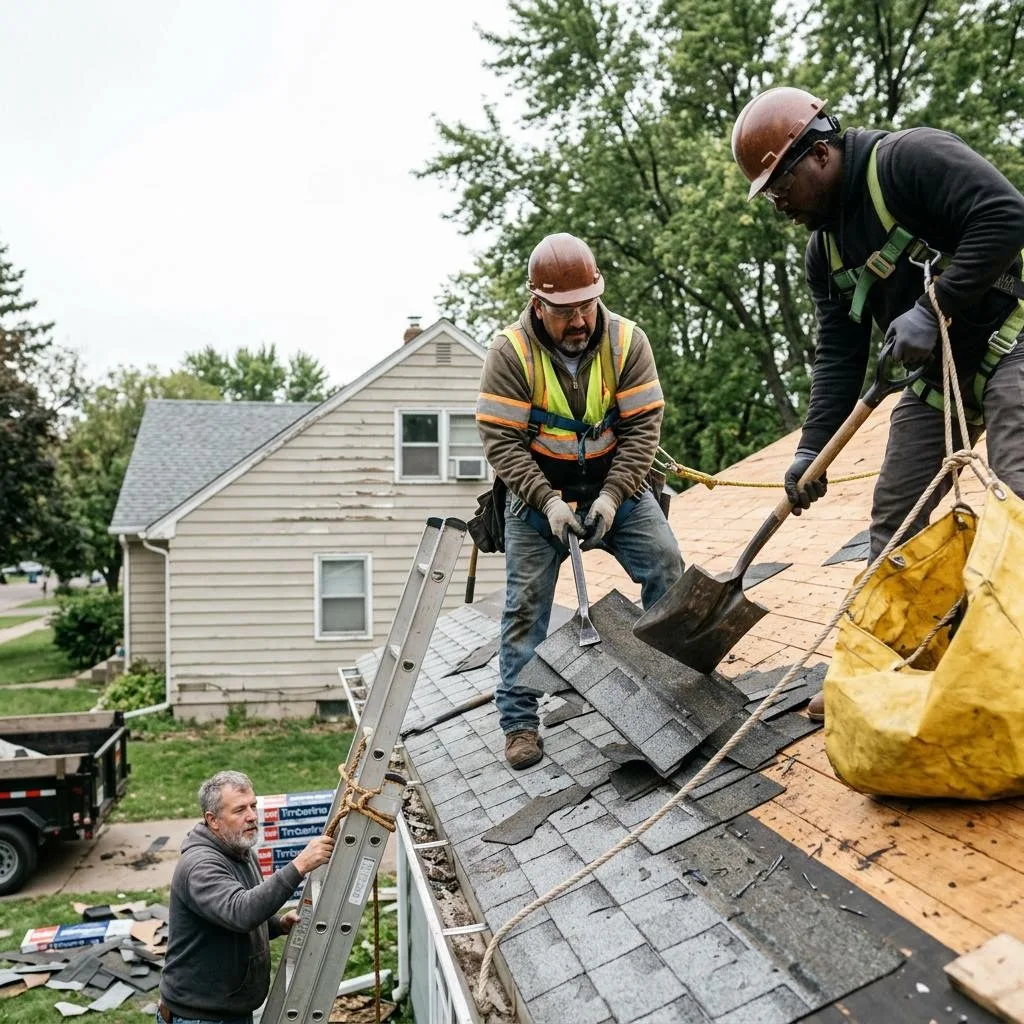 Professional exterior crew actively working on roof repair or replacement? a minnesota decision guide at a Minnesota home