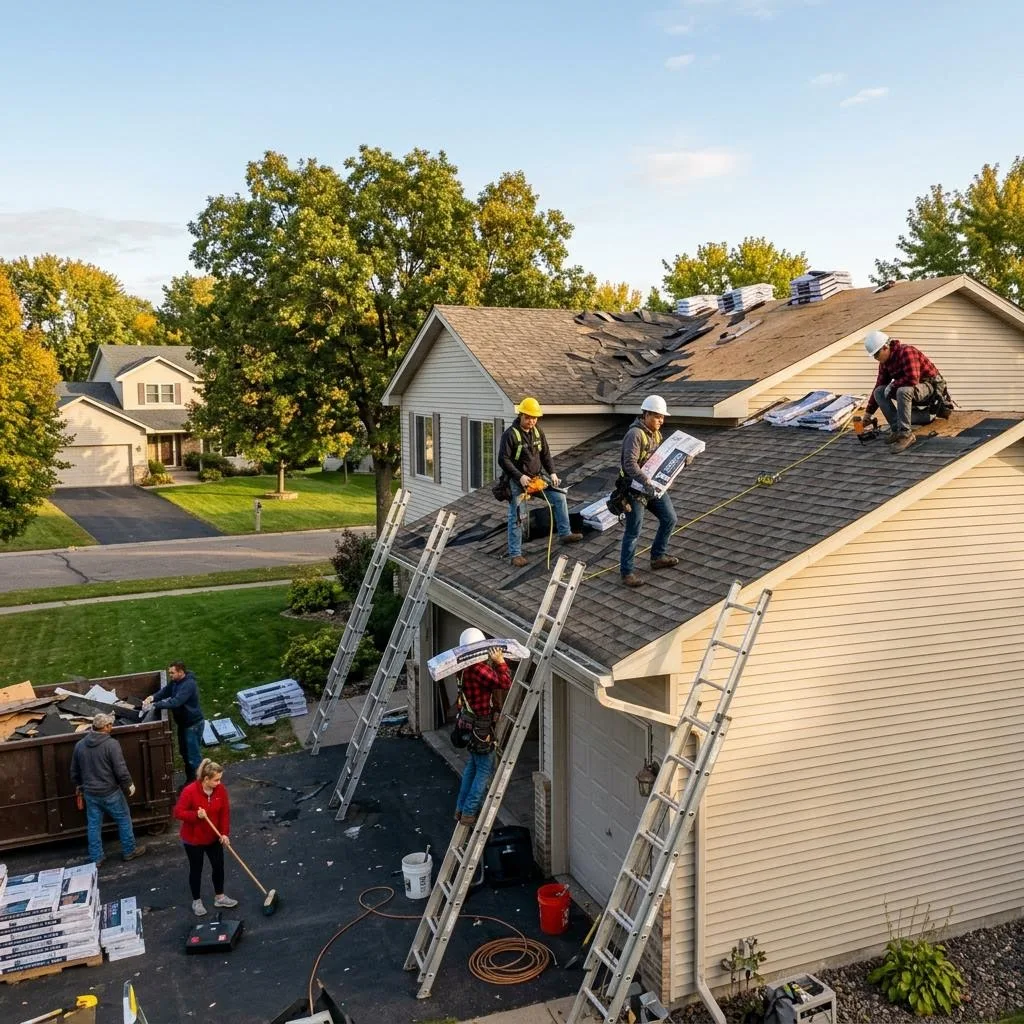 Professional exterior crew actively working on what shapes the cost of roof replacement? at a Minnesota home