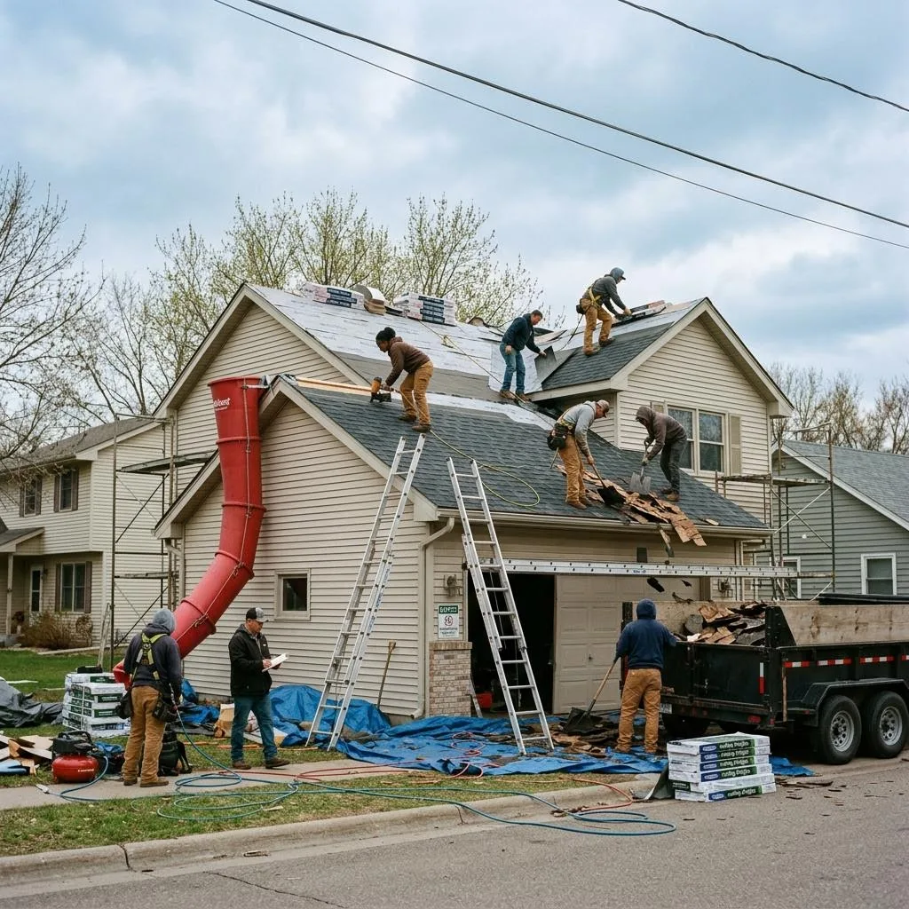 Professional exterior crew actively working on what to expect on roof replacement day at a Minnesota home