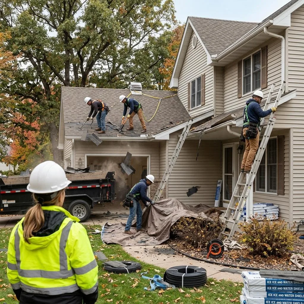 Professional exterior crew actively working on how to prepare your home for roof replacement at a Minnesota home