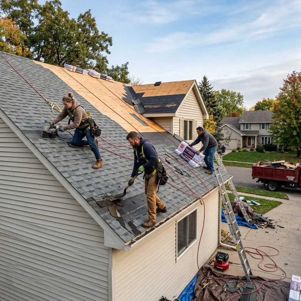 Professional exterior crew actively working on how to plan a roof replacement in minnesota at a Minnesota home