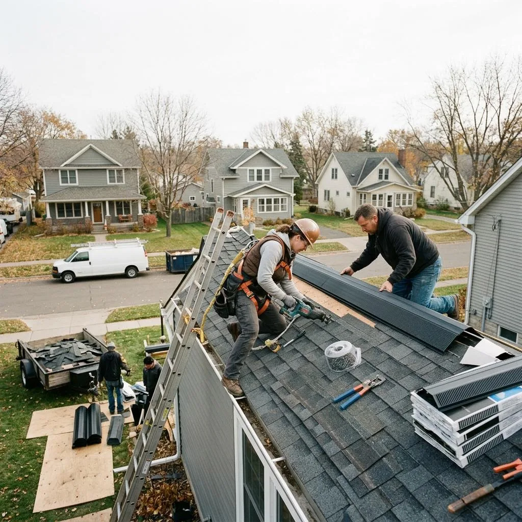 Professional exterior crew actively working on roof ventilation in cold-climate homes at a Minnesota home