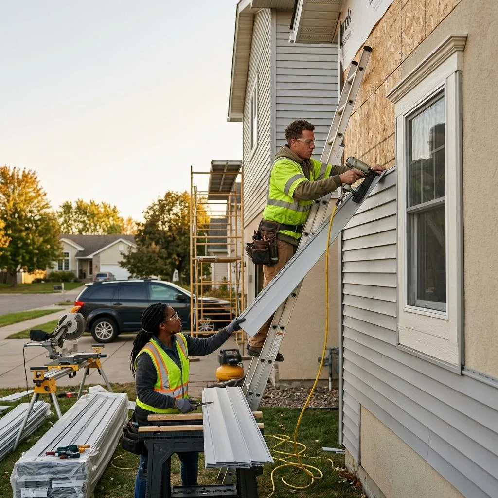 Professional exterior crew actively working on what to expect during siding installation at a Minnesota home