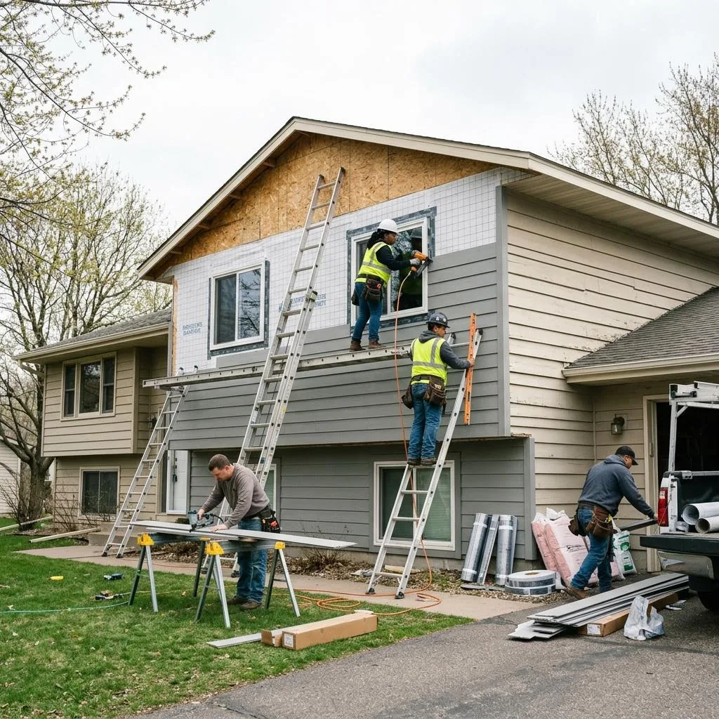 Professional exterior crew actively working on how siding helps manage moisture at a Minnesota home