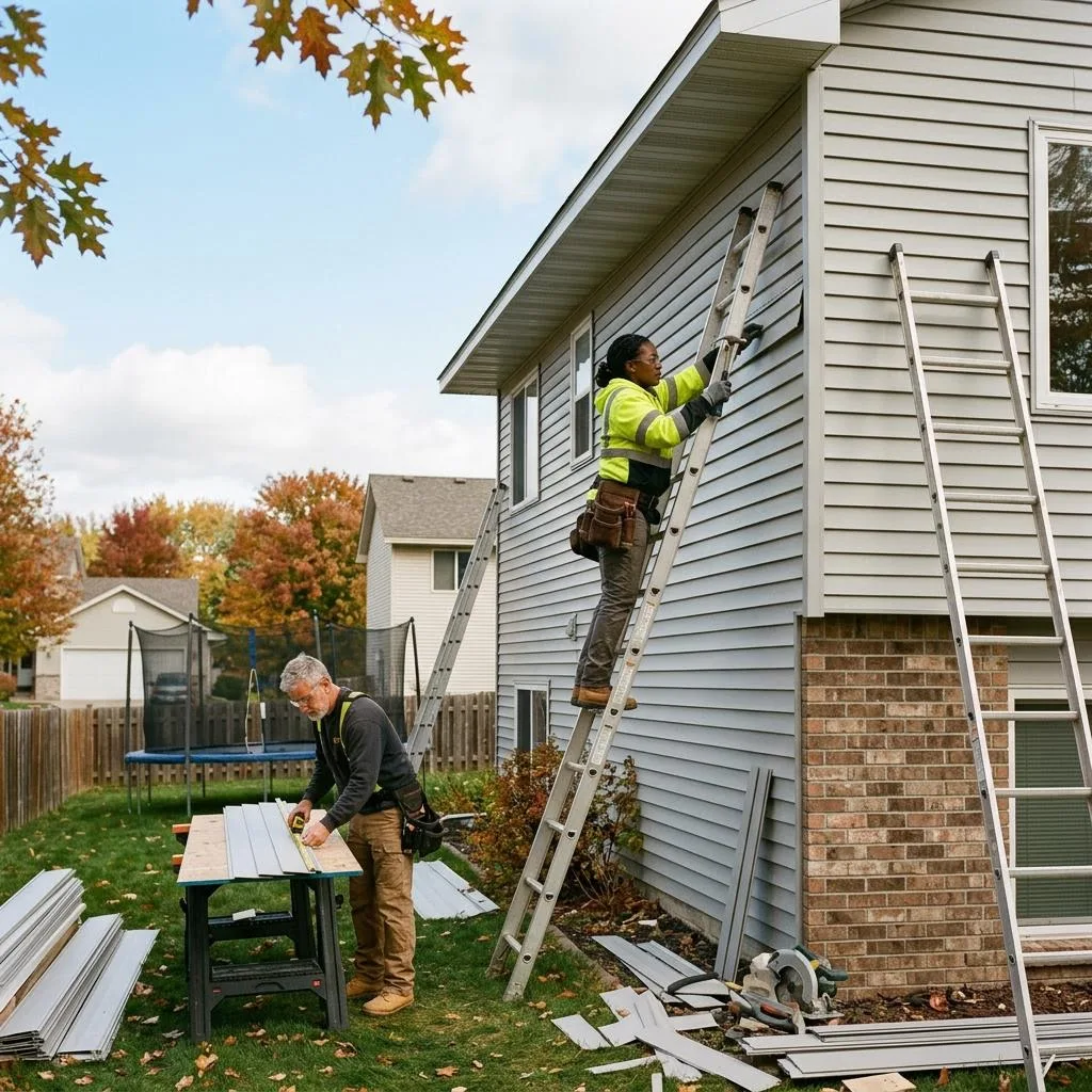 Professional exterior crew actively working on siding options for minnesota homes at a Minnesota home