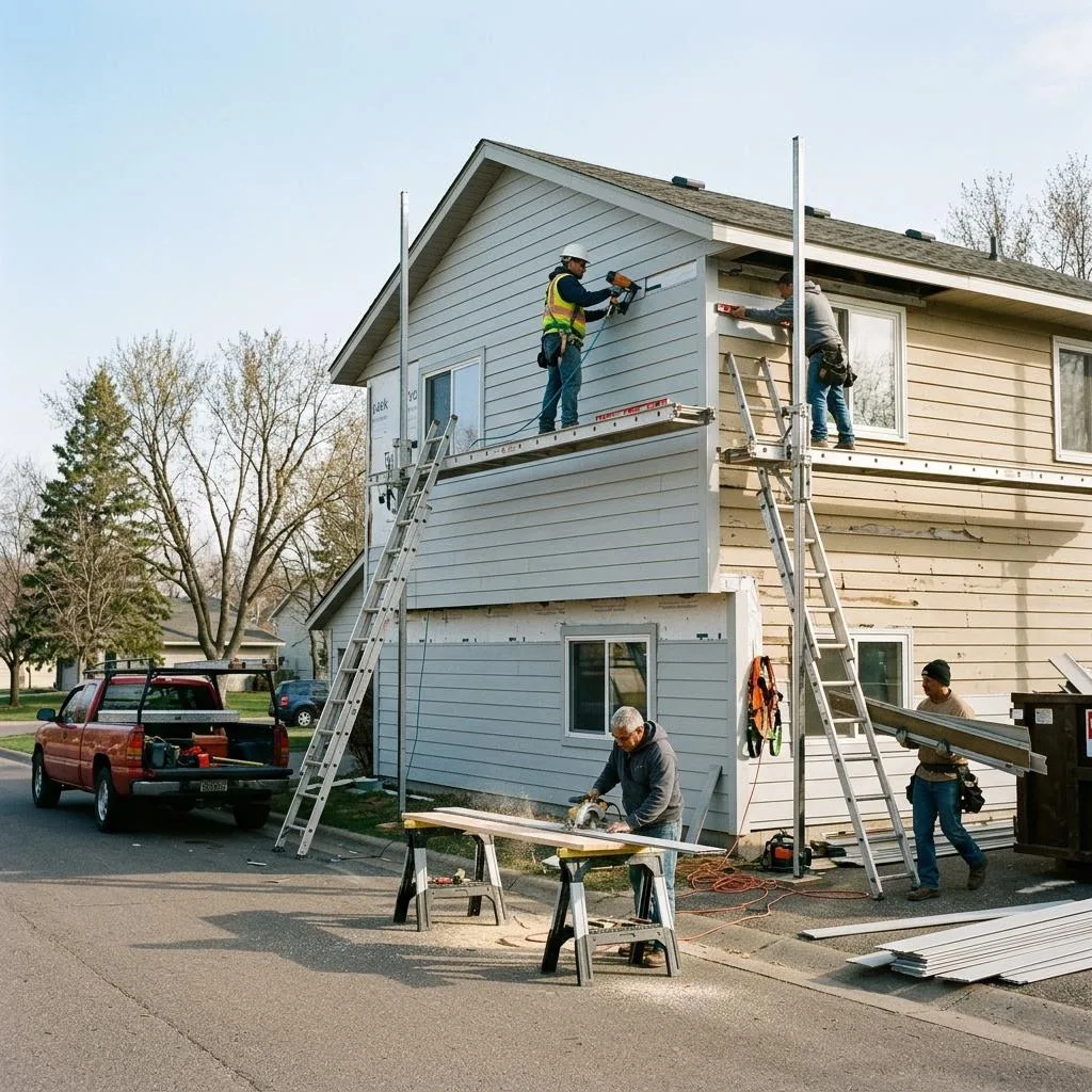 Professional exterior crew actively working on siding repair vs. replacement: how to decide at a Minnesota home