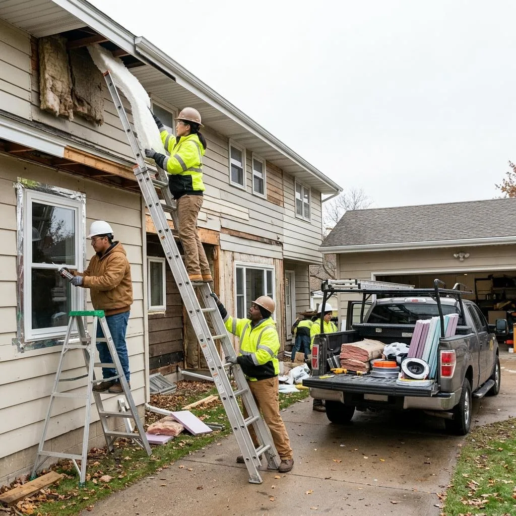 Professional exterior crew actively working on signs a minnesota home may need more insulation at a Minnesota home
