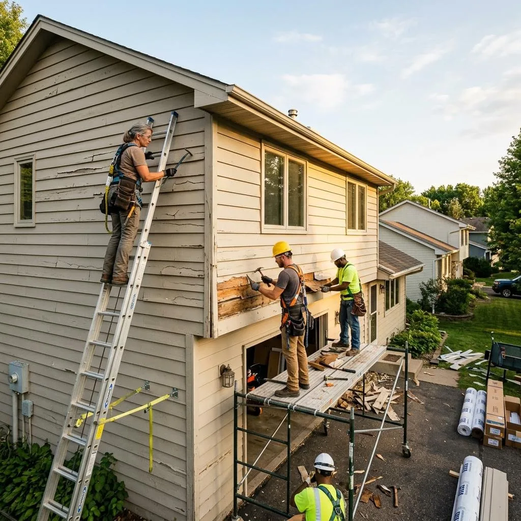 Professional exterior crew actively working on signs your siding may need repair at a Minnesota home