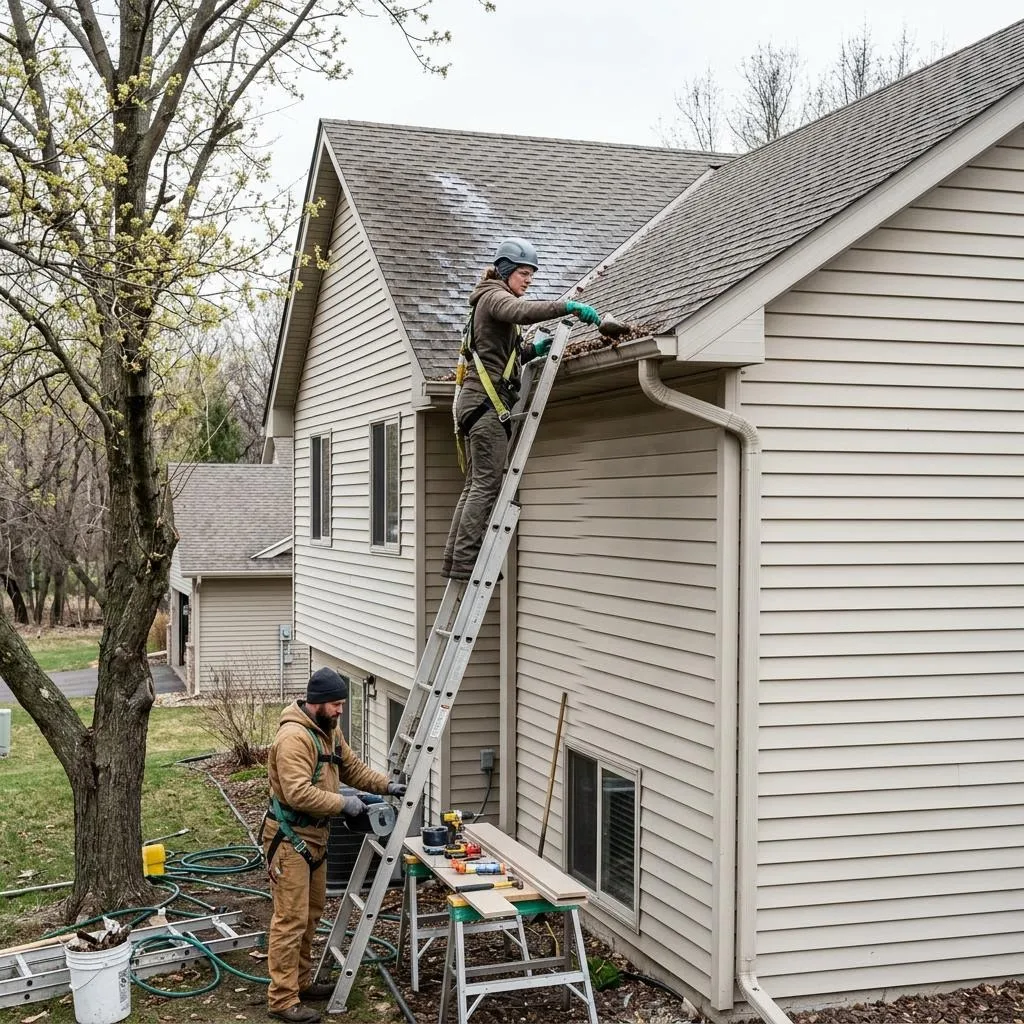 Professional exterior crew actively working on spring gutter maintenance after snow and ice at a Minnesota home