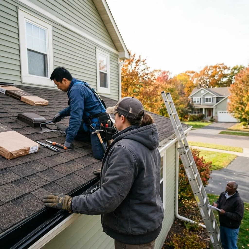 Professional exterior crew actively working on spring roof maintenance for minnesota homes at a Minnesota home