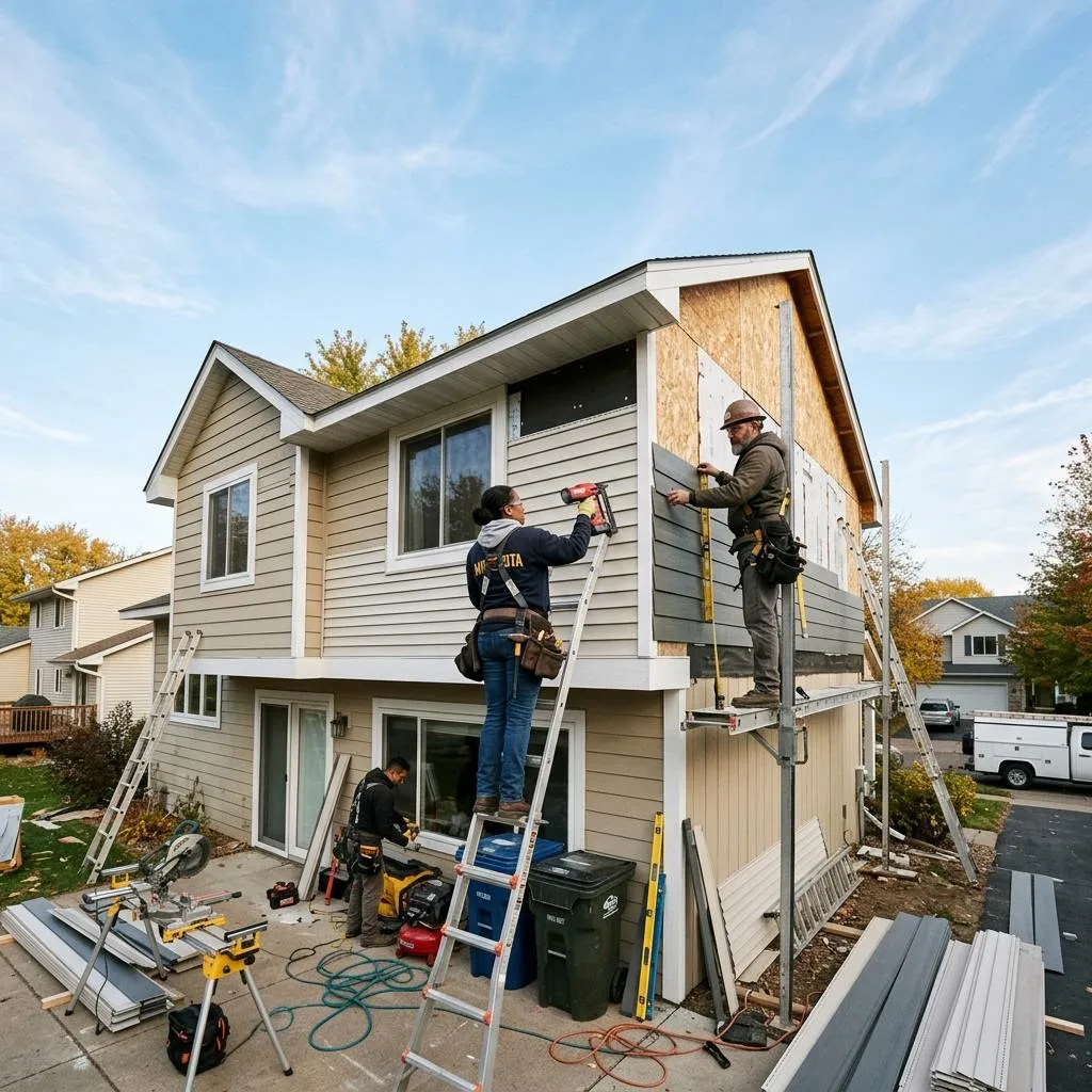Professional exterior crew actively working on vinyl vs. fiber cement siding in minnesota at a Minnesota home