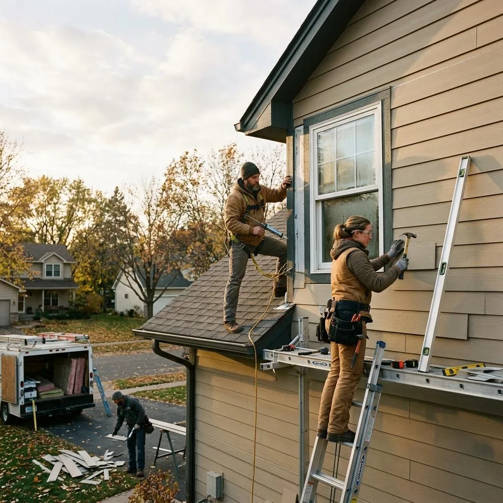 Professional exterior crew actively working on understanding window condensation in winter at a Minnesota home