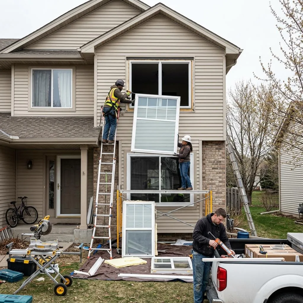 Professional exterior crew actively working on what to expect on window installation day at a Minnesota home