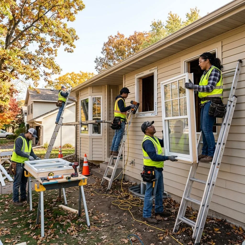 Professional exterior crew actively working on window repair vs. replacement: what to consider at a Minnesota home